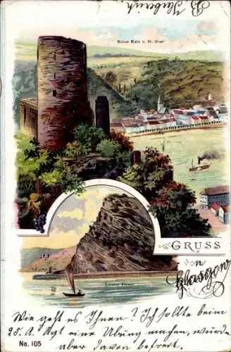 Litho St. Goarshausen am Rhein, Loreleyfelsen, Ruine Katz, Blick auf den Ort