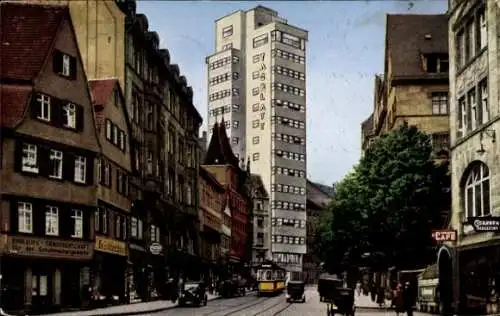 Ak Stuttgart, Eberhardstraße mit Tagblatt Turmhaus, Straßenbahn