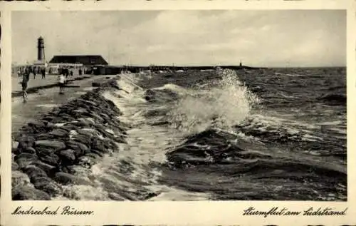 Ak Nordseebad Büsum, Sturmflut, Südstrand, Leuchtturm