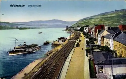 Ak Rüdesheim am Rhein, Dampfer an der Rheinstraße