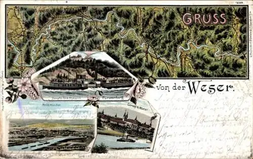 Landkarten Litho Hameln in Niedersachsen, Dampfer Fürst Bismarck, Karlshafen