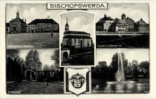 Ak Bischofswerda in Sachsen, Marktplatz, Rathaus, Deutsche Oberschule, Butterberg, Kirche, Wappen