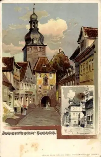 Künstler Litho Wiegk, Coburg in Oberfranken, Blick auf Judenturm, Steingasse