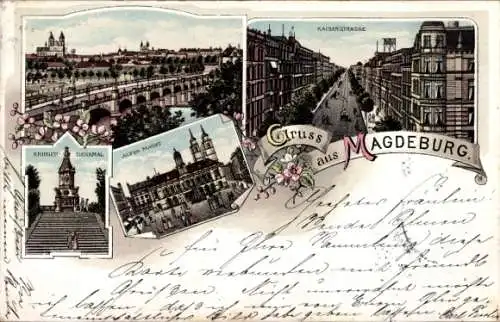 Litho Magdeburg in Sachsen Anhalt, Kaiserstraße, Kriegerdenkmal, Alter Markt