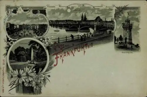 Mondschein Litho Frankfurt an der Oder, Wilhelmsplatz, Oderbrücke, Promenade, Kleistturm