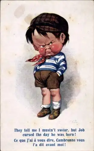 Künstler Ak Verärgerter Junge, Rote Wangen, Mütze, Arbeit