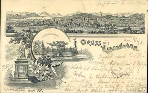 Litho Klagenfurt in Kärnten, Stadtpanorama, Lindwurm Denkmal