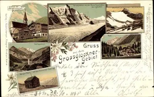 Litho Heiligenblut am Großglockner in Kärnten, Detailansichten, Kirche, Hütte, Berge