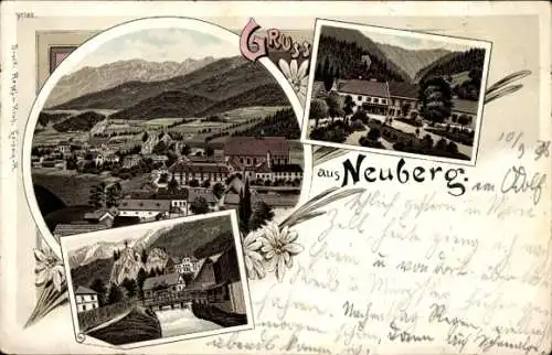 Litho Neuburg an der Mürz Steiermark, Ortschaft mit Landschaftsblick