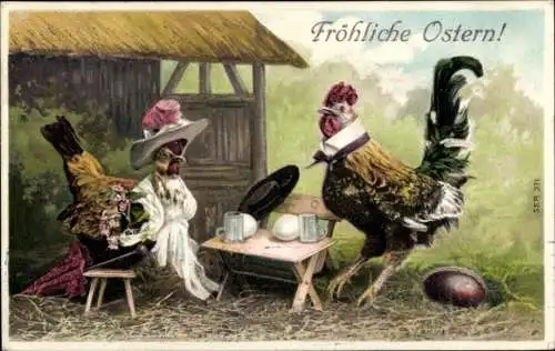 Präge Ak Glückwunsch Ostern, Vermenschlichtes Huhn und Hahn