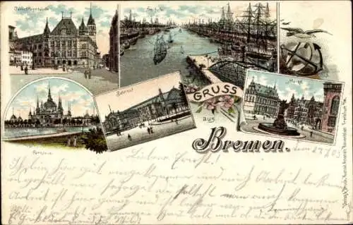 Litho Hansestadt Bremen, Hafen, Segelschiffe, Gericht, Markt, Parkhaus, Bahnhof