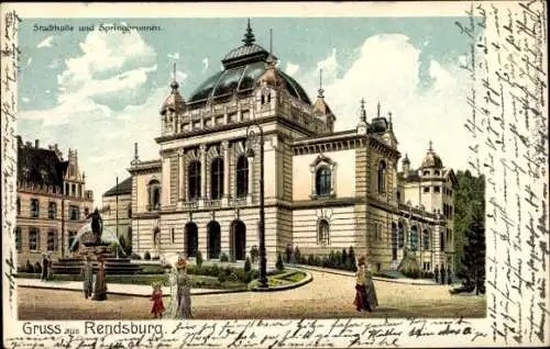 Litho Rendsburg in Schleswig Holstein, Stadthalle und Springbrunnen