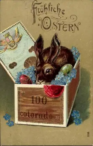 Präge Litho Glückwunsch Ostern, Hase mit Ostereiern und Vergissmeinnichtblüten in einer Schachtel