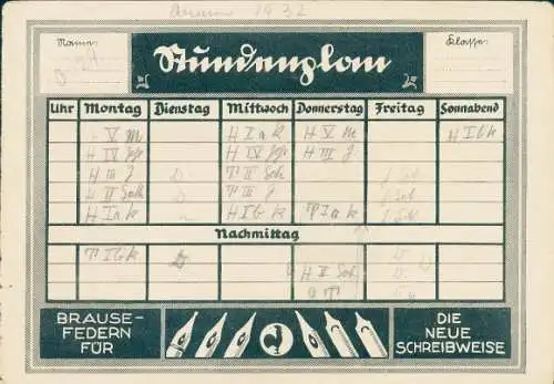 Stundenplan Brause & Co. Iserlohn Fabrik-Marke, Schreibgeräte, Sütterlin Schriftarten um 1920