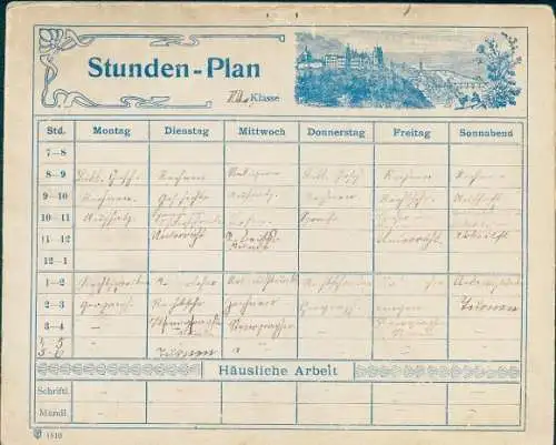 Stundenplan Jugendstil um 1900, Häusliche Arbeit