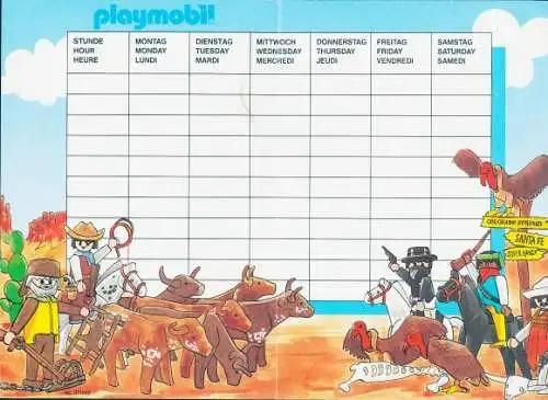 Stundenplan Playmobil 80-er Jahre Western Longhorn-Rinder, Banditenüberfall, Motorboot, Jeep