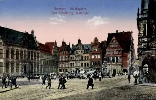 Ak Bremen, Marktplatz, der Schütting, Ratscafé, Stände