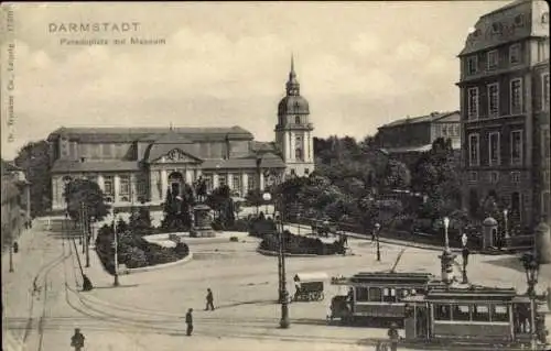 Ak Darmstadt in Hessen, Paradeplatz, Museum, Straßenbahnen