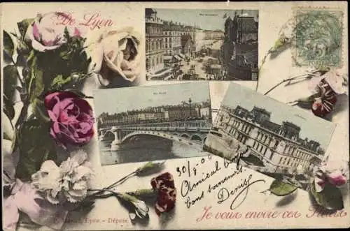 Ak Lyon Rhône, Blumen, Brücke, Amtsgebäude