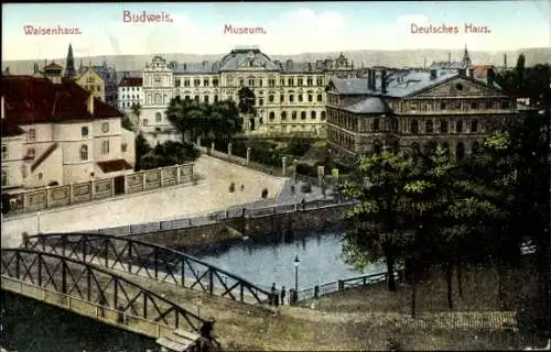 Ak České Budějovice Budweis Südböhmen, Museum, Waisenhaus, Deutsches Haus