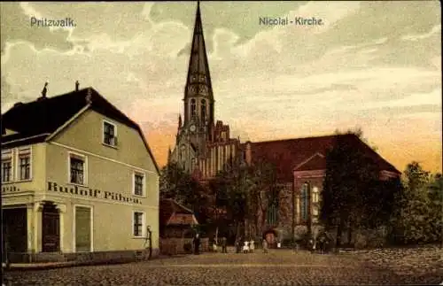 Ak Pritzwalk in der Prignitz, Nicolai-Kirche, Geschäft