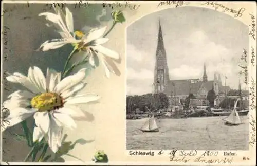 Passepartout Ak Schleswig an der Schlei, Partie am Hafen, Kirche, Segelboote