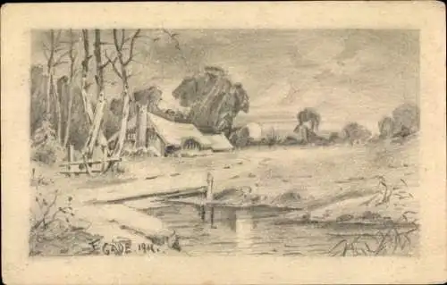 Handgemalt Ak Gäde, E., Landschaft mit Gewässer und Haus