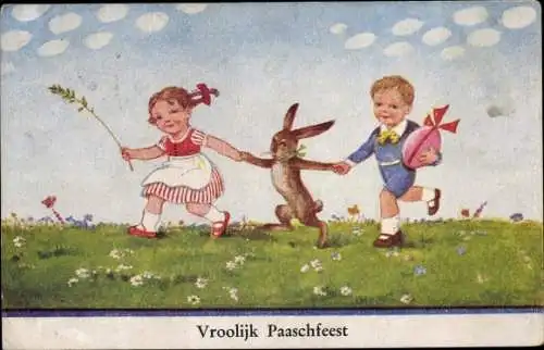 Künstler Ak Wills, John, Glückwunsch Ostern, Kinder mit Osterhase