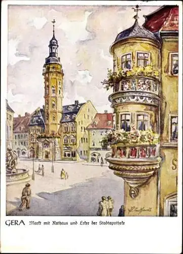 Künstler Ak Gera in Thüringen, Markt, Rathaus, Erker der Stadtapotheke