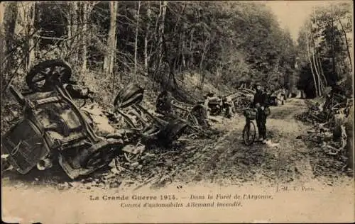 Ak Im Argonnenwald, Brand eines deutschen Autokonvois, I WK