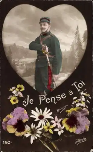 Ak Soldatenliebe, französischer Soldat, Blumen, Herz