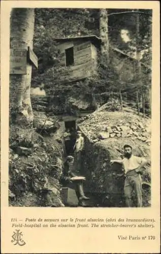Ak Erste-Hilfe-Station an der elsässischen Front, Unterschlupf für Krankenträger, I WK
