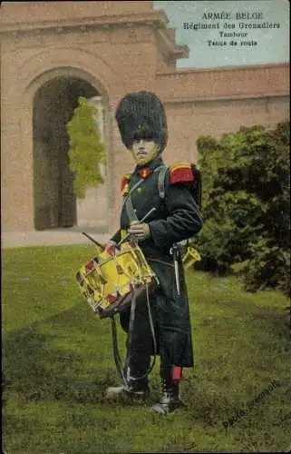 AK Belgische Armee, Grenadier-Regiment, Trommel, Straßenhaltung