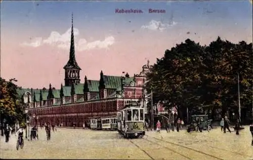 Ak København Kopenhagen Dänemark, Borsen, Turmspitze, Straßenbahn