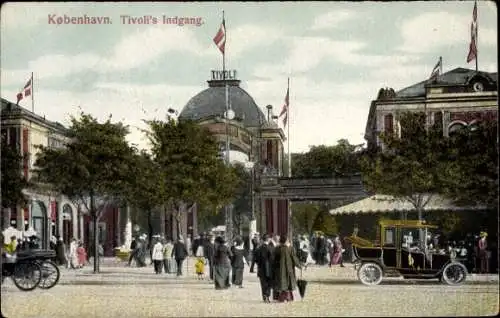 Ak Kopenhagen Dänemark, Eingang zum Tivoli, Autos