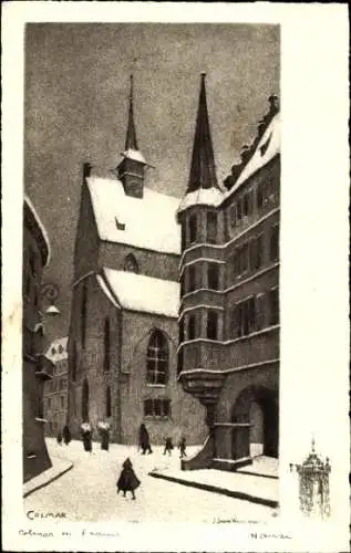 Künstler Ak Hansi, Jean Jacques Waltz, Colmar Kolmar Elsass Haut Rhin, Straßenpartie, Winter