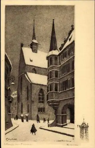 Künstler Ak Hansi, Jean Jacques Waltz, Colmar Kolmar Elsass Haut Rhin, Straßenpartie, Winter