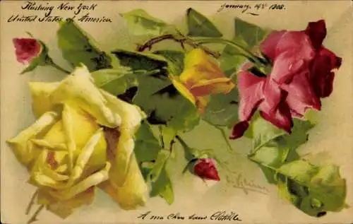 Präge Künstler Litho Klein, Catharina, rote und gelbe Rosen