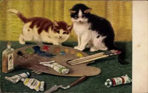 Künstler Ak Im Atelier, Junge Katzen mit einer Malpalette, Farbtuben