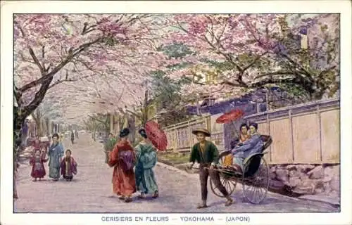 Künstler Ak Yokohama Präf. Kanagawa Japan, Kirschblüte, Spaziergänger, Rikschafahrer