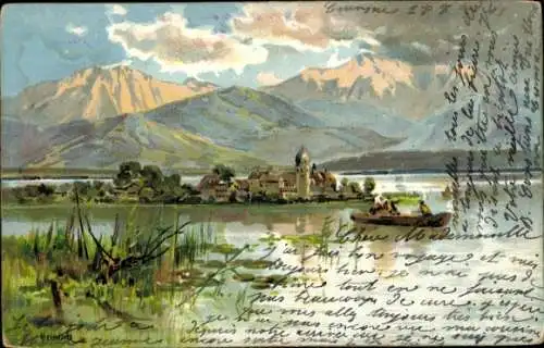 Künstler Litho Heinisch, Gemeinde Chiemsee, Blick zur Fraueninsel, Alpenpanorama, Ruderboot