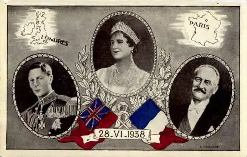 Ak König Georg VI., Königin Elizabeth Bowes Lyon, Präsident Albert Lebrun, 28.6.1938, London, Paris