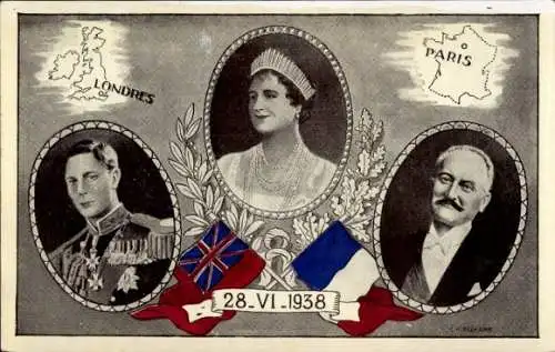 Ak King George VI., Queen Elizabeth Bowes Lyon, Président Albert Lebrun, 28.6.1938, London, Paris