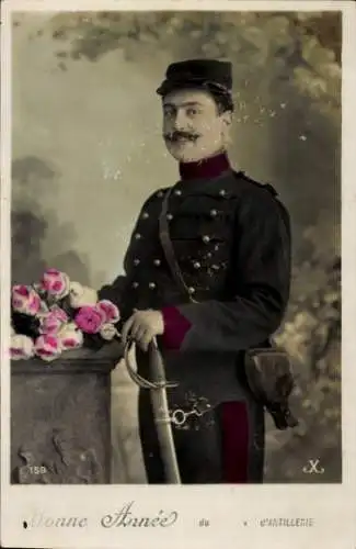 Ak Glückwunsch Neujahr, Französischer Soldat in Uniform, Artillerie