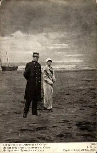 Ak König Albert von Belgien, Königin Elisabeth, Sur la Route de Dunkerque a Calais