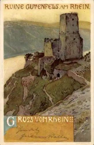 Künstler Ak Hein, Franz, Kaub am Rhein, Ruine Gutenfels mit Landschaft