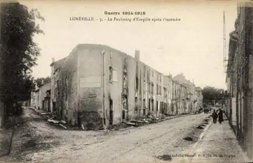 Ak Luneville Meurthe et Moselle, Le Faubourg d'Einville apres l'incendie, 1. Weltkrieg