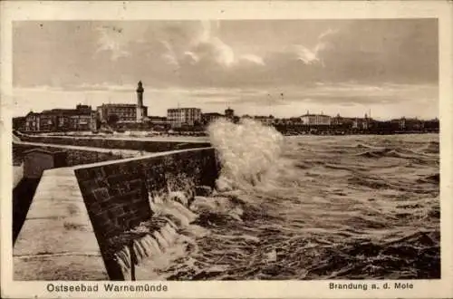 Ak Ostseebad Warnemünde Rostock, Mole, Brandung