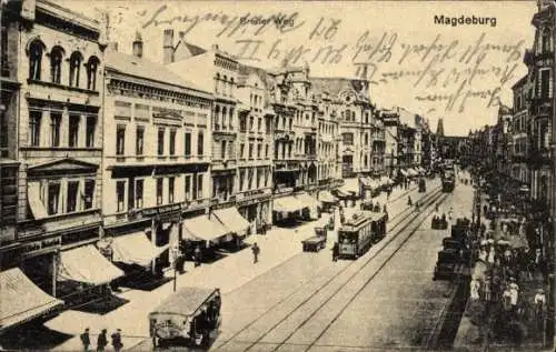 Ak Magdeburg an der Elbe, Breiter Weg, Geschäfte, Straßenbahnen