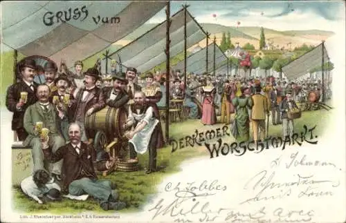 Litho Bad Dürkheim am Pfälzerwald, Derkemer Worschtmarkt, Bierfässer, Männer, Luftballons